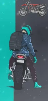 Illustration of a biker in teal against a starry night backdrop.