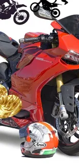 Red motorcycle with helmets and bike silhouettes on a white background.