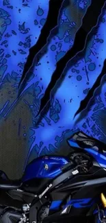 Sleek blue motorcycle with sharp claw marks on vibrant wallpaper.