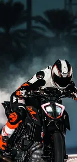 Dynamic motorcycle racer with helmet in action.