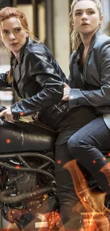 Two people on a motorcycle in an urban setting, exuding action and style.