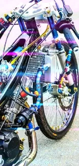 Close-up of a detailed motorcycle engine with vibrant colors and modern design.