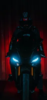 Motorcycle with glowing blue headlights on a deep red background at night.