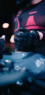 Motorcycle night ride with neon lights and biker gloves.