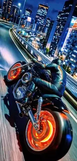 Motorcycle speeding through city at night with glowing wheels and city lights.