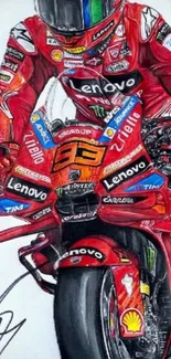 Illustrated motorcycle racing on track in vivid red colors.