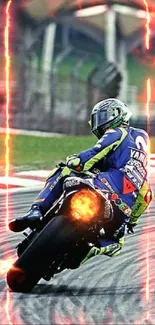 Motorcycle racer on a track, leaning into a turn with a vibrant green backdrop.