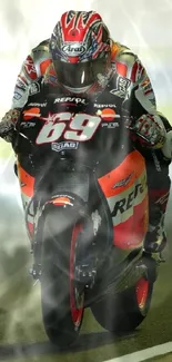 Intense motorcycle racing scene with a powerful bike on the track.