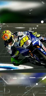 Motorcycle racer in action on a sleek track with digital elements overlay.