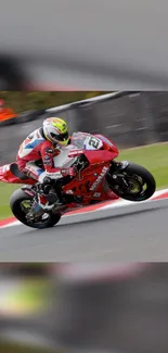 Motorcycle racing on track with vibrant red color.