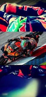 Dynamic motorcycle racing wallpaper with vibrant colors and high-speed action.