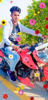 Young rider on a red motorcycle amidst green foliage.