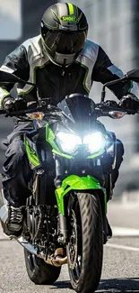 Motorcycle rider with green accents in an urban setting.