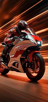Motorcycle racing with vibrant orange streaks background.