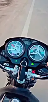 Motorcycle speedometer view with dynamic dials from a rider's perspective.