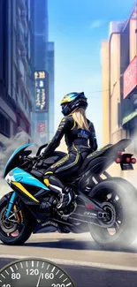 Motorcycle in city with smoke and helmeted rider, dynamic scene.