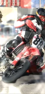 Motorcycle stunt rider leaning into a high-speed turn during an action race.