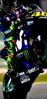 Motorcycle stunt with vibrant colors on the track.