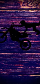 Silhouette of motorcycle stunt on vibrant wooden background.