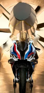 Front view of a sleek motorcycle in a wind tunnel setting.