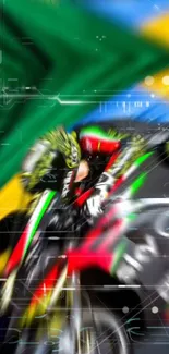 Dynamic motorcycle with vibrant colors and motion blur effect.