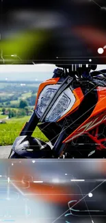 Vibrant orange motorcycle with scenic green background.