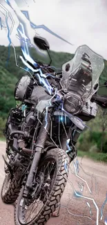 Dynamic motorcycle with electrifying effects on a scenic mountain road.