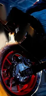 Motorcycle with fiery wheels blazing through the scene in high-speed motion.