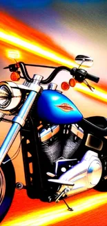 Vibrant motorcycle artwork with bright blue and fiery background.