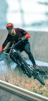 Mountain biker performing a thrilling stunt on a dirt trail.