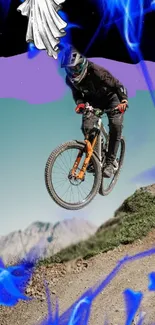 Mountain biker jumping with vivid blue accents and surreal art background.