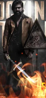 Moody movie character poster with leather jacket and sword.