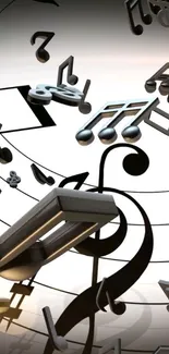 3D black and white music notes floating in abstract design.