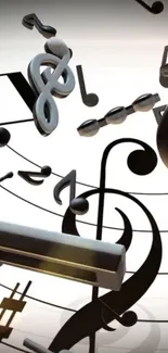 Dynamic black and white musical notes floating on a 3D wallpaper background.