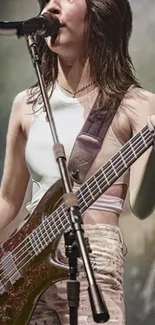 Energetic musician playing bass guitar on stage.