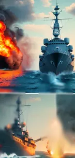 Dynamic naval battle scene with ships and fiery explosions at sea.