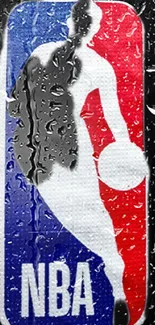 NBA logo with vibrant red, white, and blue colors with rain droplets effect.