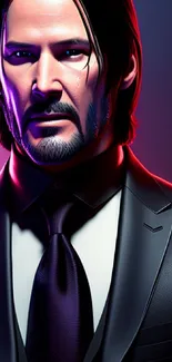 Neon-lit art portrait of a suited individual with dramatic shading.