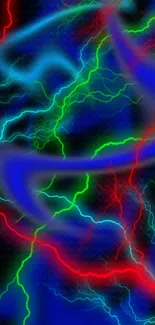 Neon lightning with blue, green, and red colors on a black background.