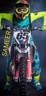 Neon-clad motocross rider on a smoky background.