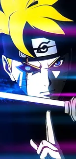 Vibrant neon ninja in anime style with a sword drawn.