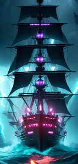 Neon-lit pirate ship sailing through stormy seas under a vibrant sky.