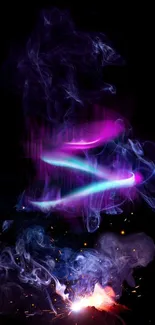 Dynamic neon artwork with vibrant smoke on a dark background.