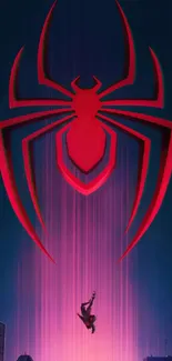 Red spider logo on neon gradient city wallpaper.