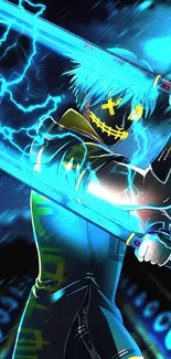 Neon warrior with swords in a blue electrifying scene.