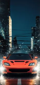 Orange sports car speeding through a lit-up city at night, creating a dynamic scene.