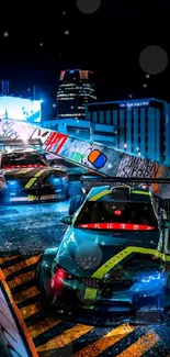 Racing cars on illuminated urban track at night, vibrant city backdrop.