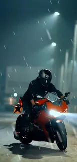 Motorcycle speeds through rainy city night.