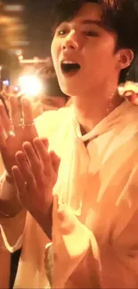 Person clapping joyfully amidst lights in a nighttime celebration scene.