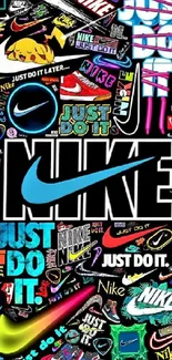 Dynamic Nike logo collage with vibrant and bold colors for mobile wallpaper.